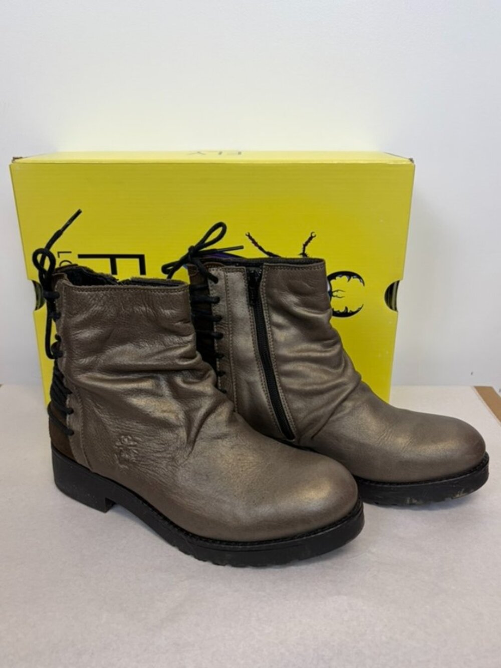 Fly London Metallic Gray Lace-Up Ankle Booties